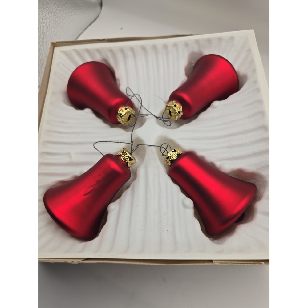 Vintage German Glass Christmas Red Bell Ornaments w/Box 4 Holiday Decorations